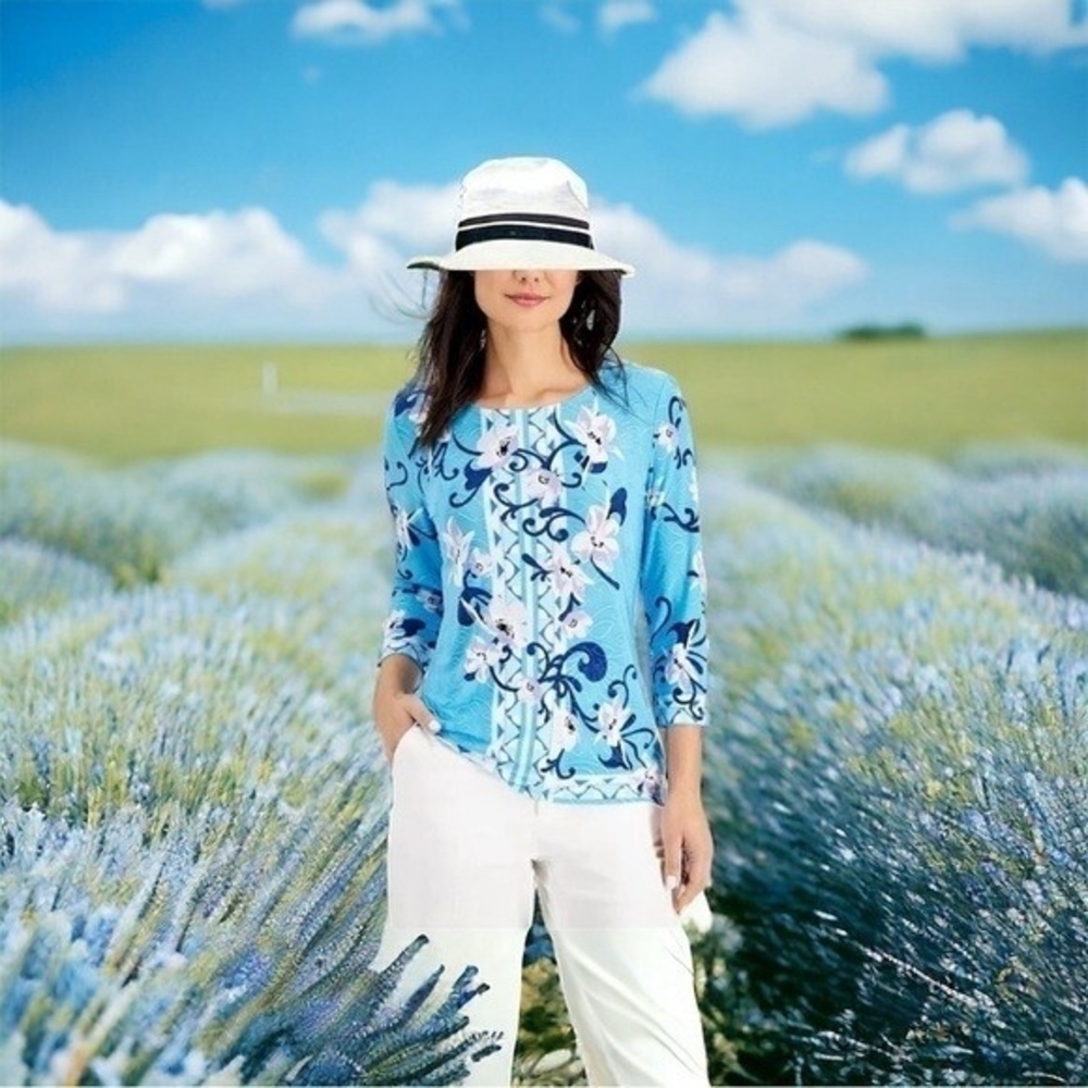 JM Collection Women's Blue Floral Jacquard Blouse XXL 3/4 Sleeve Scoop Neck VG